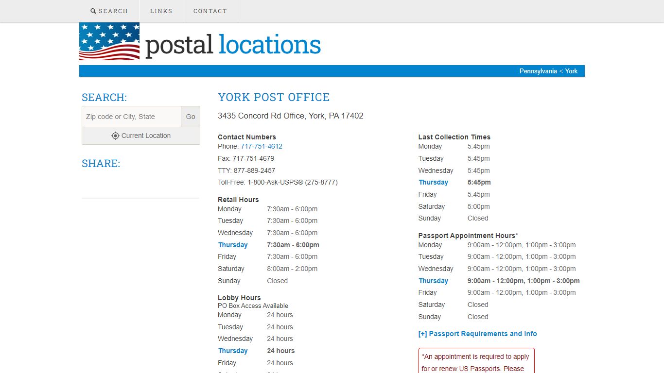 Post Office in York, PA - Hours and Location - Postal Locations